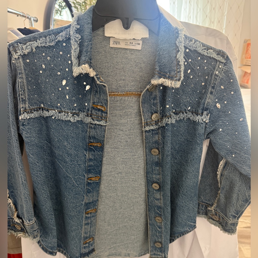 Zara Blue Distressed Denim Jacket with Silver Embellishments Size 8-9